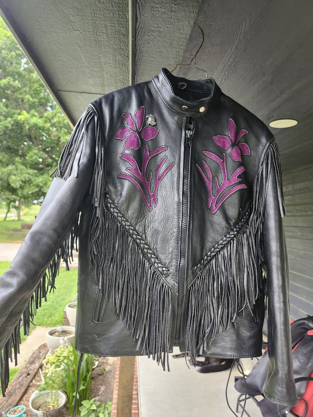 Vintage 80s Leather Jacket With Purple Flower Inlay